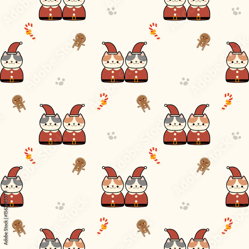 Santa Claus cat cartoon so cute. On candy cane footprint gingerbread cookies background. Pattern seamless vector illustration. 