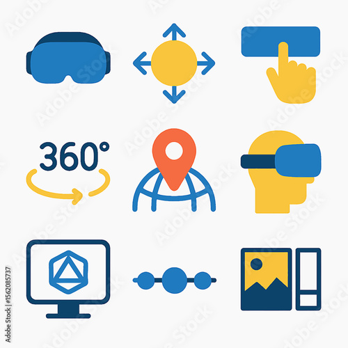 Virtual reality technology vector icons showcasing immersive experiences and digital interfaces