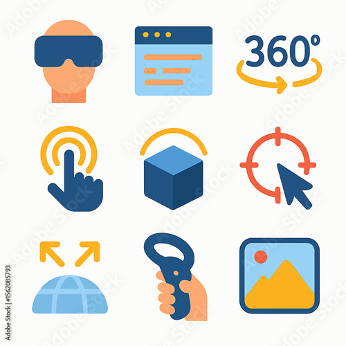 Virtual reality technology vector icons set showcasing immersive experiences design