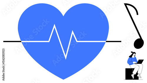 Blue heart with white pulse line along black baseline, large music note, person engaging with laptop. Ideal for health, wellness, creativity, technology, mindfulness, music therapy simple flat