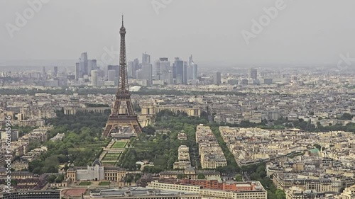Panoramic view of Paris with Eiffel Tower and business district in background