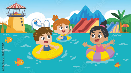 Cartoon Children Swimming with Inflatable Rings at an Amusement Park with Water Slides