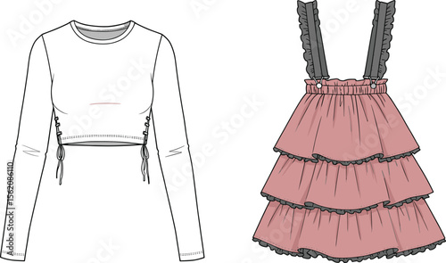 Long sleeve lace-up crop top and layered ruffle suspender skirt, fashion flat sketch, apparel vector design, cad drawing illustration