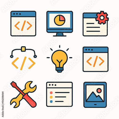 Web development icons featuring coding, design, settings, and tools for software creation