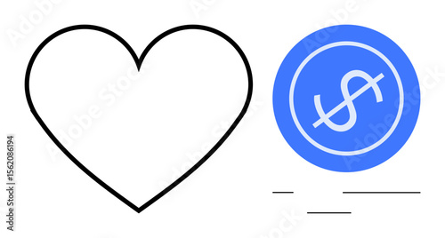 Black heart outline beside blue dollar sign in simple design. Ideal for finance, love, relationship value, charity, giving, monetary worth, savings, simple flat metaphor