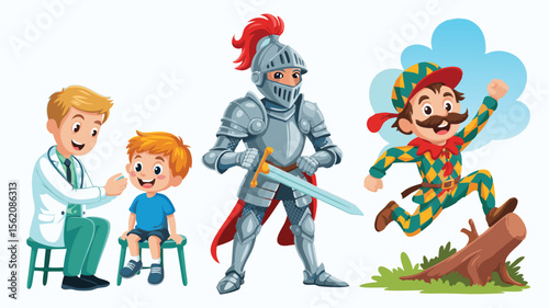 Cartoon Doctor Examining Boy, Medieval Knight Holding Sword, and Harlequin Jumping Over Log