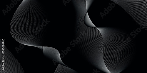Black abstract background design. Modern wavy line pattern in white colors. Premium stripe texture for banner, business backdrop. Dark horizontal vector template