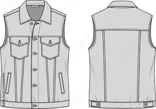 Men’s sleeveless denim vest technical sketch, front back flat view, button front, chest pocket, cad vector fashion drawing