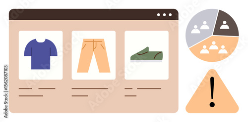 Online store layout displaying shirt, pants, shoes, beside a pie chart of user analytics and a caution sign. Ideal for e-commerce, analytics, fashion, caution, marketing user behavior simple flat