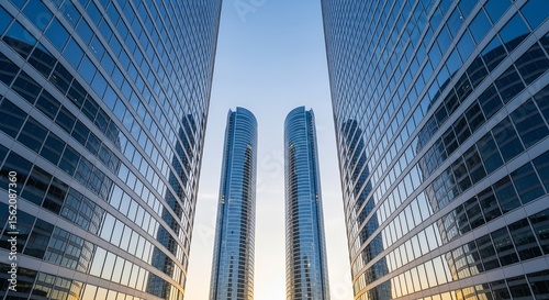 Wallpaper Mural Symmetrical Reflections: Exploring Modern Glass Skyscrapers in Urban Cityscapes at Sunset Torontodigital.ca