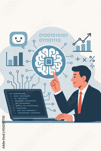 Artificial intelligence concept. Businessman at laptop using machine learning for data analysis. AI technology, algorithm coding, chatbot assistant, business automation and growth.