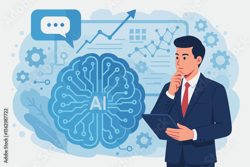 AI concept with visionary businessman using artificial intelligence for business strategy and planning. Machine learning, data analysis, and chatbot technology for future growth.