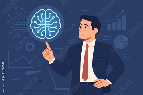 Visionary businessman with AI brain for strategic planning in digital technology era. Artificial intelligence, machine learning, business analytics for future growth and innovation.