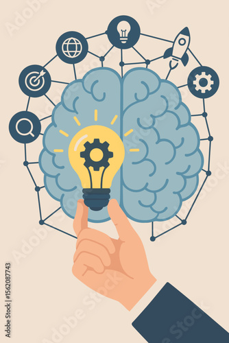 Innovation concept. Creative idea generation. Hand holds lightbulb with gear. Brain and mind thinking. Business strategy, startup, problem solving. Intelligence and technology.