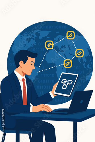Blockchain technology concept. Businessman with laptop and tablet managing a global crypto chain network. Decentralized data connection, internet security, and fintech illustration.