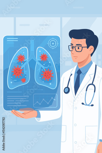 Doctor analyzing lungs with virus infection. Pulmonologist holding futuristic screen showing pneumonia, coronavirus, covid-19. Medical diagnosis, healthcare technology, respiratory disease concept.