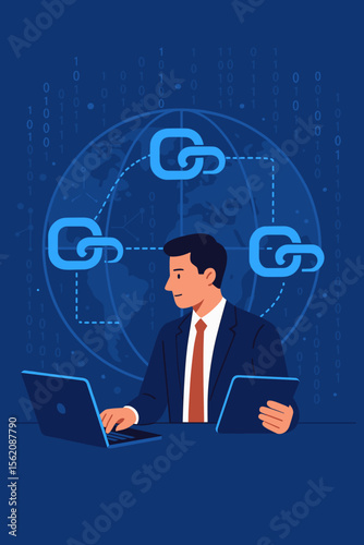 Blockchain technology concept. Businessman uses laptop for global networking and crypto chain management. Secure data connection with binary code. Financial technology illustration.