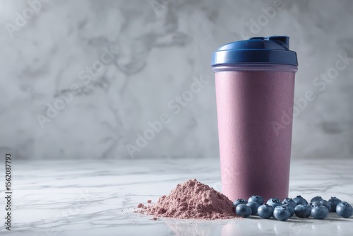 Delicious Protein Shake with Blueberries and Protein Powder on Marble Surface