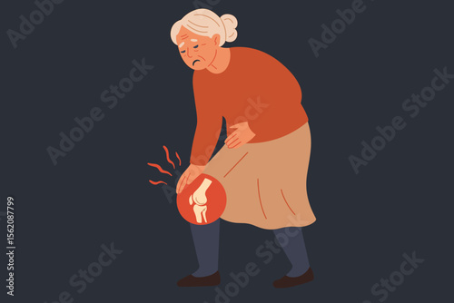 Elderly woman with knee pain. Sad senior character suffering from joint ache, arthritis, osteoarthritis. Anatomy of inflamed bone. Health problem concept for old people. Vector.