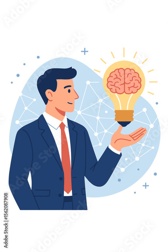 Metaphor for a new idea and creative thinking. Businessman holding a light bulb with a brain inside. Concept of innovation, inspiration, imagination, and business solution.