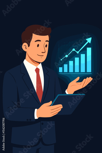 Businessman analyzes data on a tablet, showing a virtual hologram of a growing graph. Concept for business growth, stock market analysis, financial success, investment, and statistics.