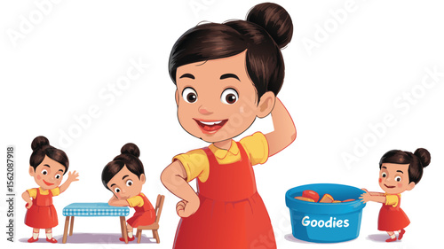 Cartoon Girl with Brown Hair in Red Dress Beside Goodies Container