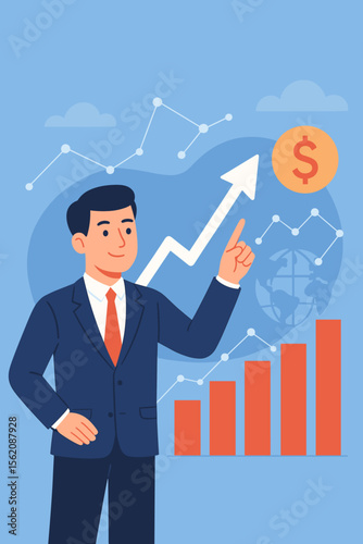 Businessman pointing at arrow graph growth and financial network connection. Analysing data to increase sales and revenue profit to achieve business investment goal. Success concept.