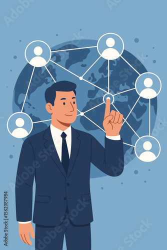 Businessman pointing at customer global structure for networking and data exchange. Digital marketing, social media, and communication network. Internet business connection concept.