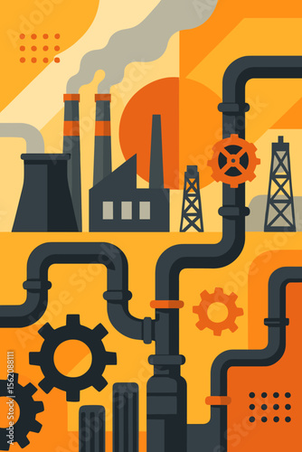 Industrial factory landscape with smokestacks, oil rigs, pipelines, gears, and valves. Energy production, manufacturing, refinery, fossil fuel industry, pollution, engineering, infrastructure concept