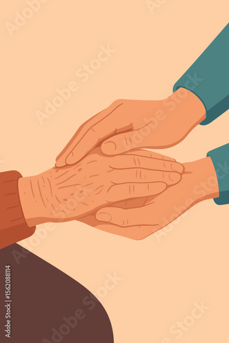 Close-up of a young caregiver holding the hands of an elderly person. Concept of help, assistance, and support for seniors. Home care, nursing, compassion, and kindness vector.