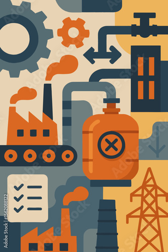 Industrial Factory Production Process Concept. Modern Flat Vector Illustration of Manufacturing Plant, Machinery, Gears, Pipelines, Power Lines, Checklist, Smoke, and Automation in Industry