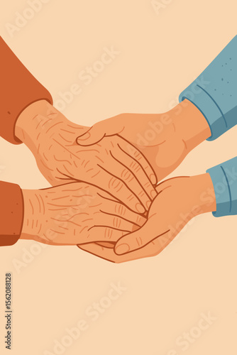 Elderly care concept with a young caregiver holding a senior patient's hands. Helping hands showing support, compassion, and assistance for old people. Flat cartoon vector illustration.
