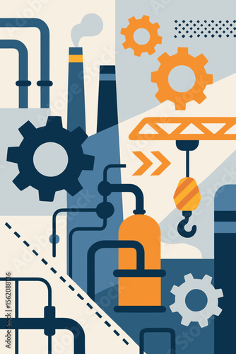 Industrial factory machinery and engineering concept. Modern flat vector illustration with gears, pipes, smokestacks, crane hook, mechanical elements. Manufacturing, automation, industry background