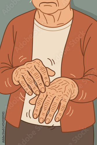 Parkinson's disease concept. Close up of an elderly woman's shaking hands. Senior patient with tremor symptom, a neurological disorder, or Alzheimer's. Healthcare vector for aging and disability.