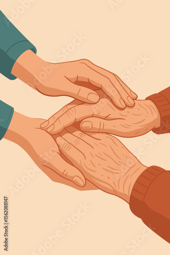 Helping hands concept. Young caregiver holding senior's wrinkled hands. Compassion, support, kindness, and assistance for the elderly. Nursing home, home care, charity vector illustration.