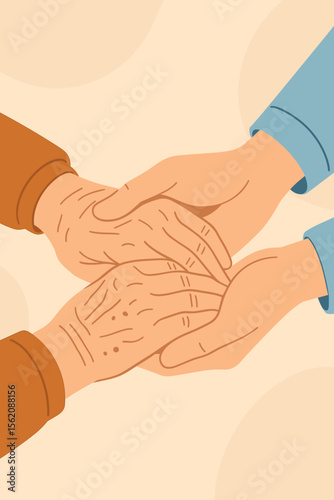 Close up of young hands holding wrinkled elderly hands. Concept for home care, assistance, and support for seniors. Helping hand, compassion, and geriatrics. Flat vector illustration.