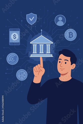 Digital banking concept with a man touching a virtual bank icon. Fintech illustration of online finance, mobile payments, cryptocurrency, and secure decentralized finance network.