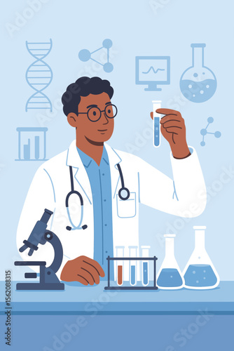 Scientist in laboratory conducting research. Black doctor holding test tube for medical experiment and analysis. Concept of science, biotechnology, DNA research and healthcare innovation.