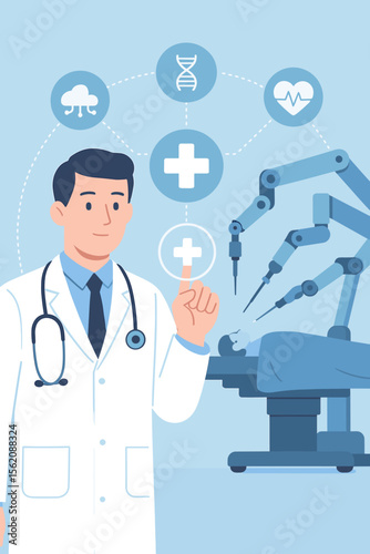 Doctor interacts with a virtual interface for robotic surgery. Future healthcare concept with advanced medical technology, AI, cloud data, DNA, and cardiology icons for precision medicine.
