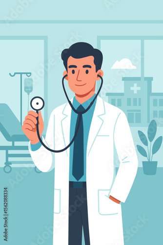 Male doctor character in white coat holding a stethoscope for a medical check-up. Healthcare and medicine concept with hospital room background. Modern flat vector cartoon illustration.