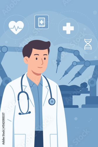 Doctor with stethoscope overseeing advanced robotic surgery, precision on virtual interface, future of healthcare, medical science technology, innovation