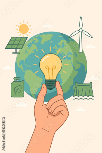 Hand holds lightbulb idea for renewable energy. Planet Earth with sustainable power sources like solar, wind, hydro, and biofuel. Global ecology and environment conservation concept.