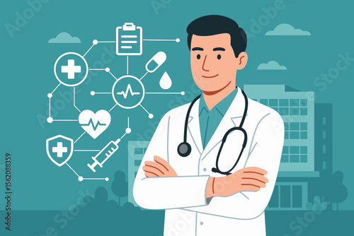 Professional doctor in lab coat with stethoscope. Medical technology network concept with health icons on hospital background. Healthcare service, online clinic, flat vector illustration.
