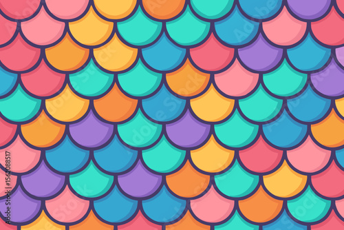 Vibrant colorful fish scale seamless pattern. Cartoon mermaid scales texture. Modern flat vector illustration. Fantasy aquatic background. Rainbow marine reptile skin abstract design
