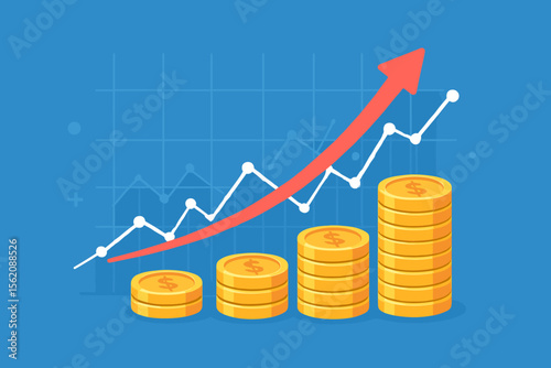 Financial growth chart with rising stacks of gold coins, upward arrow, investment profit, stock market success, business revenue increase, currency exchange, economic progress, blue background