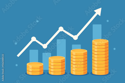 Financial growth chart with stacked gold coins, rising bar graph, upward arrow, investment profit, business success, stock market increase, wealth accumulation, currency exchange concept