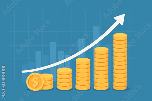 Financial growth chart with stacks of gold coins, upward arrow, investment profit, business revenue increase, stock market success, economic progress, wealth accumulation, blue background