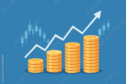 Financial growth chart with rising stacks of gold coins, investment profit, stock market success, upward trend, currency exchange, business finance, economic progress, blue background illustration