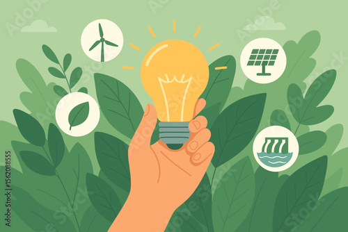 Hand Holding Light Bulb Surrounded by Green Leaves and Renewable Energy Icons, Sustainable Development, Eco Friendly Power, Clean Energy Sources, Environmental Conservation Vector Illustration
