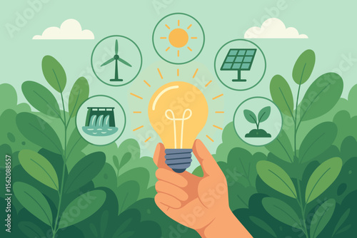 Hand Holding Light Bulb with Renewable Energy Icons on Green Leaves, Sustainable Development, Eco Friendly Power, Solar, Wind, Hydro, Clean Energy, Environmental Conservation Concept Vector